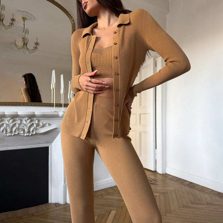 Damen Strick-Loungewear-Set mit elegantem Knopfdetail und figurbetontem Schnitt Drune