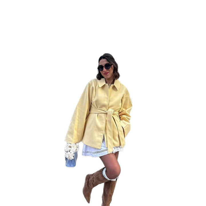 Damen Oversized-Lederjacke mit breitem Revers und Taillengürtel Drune