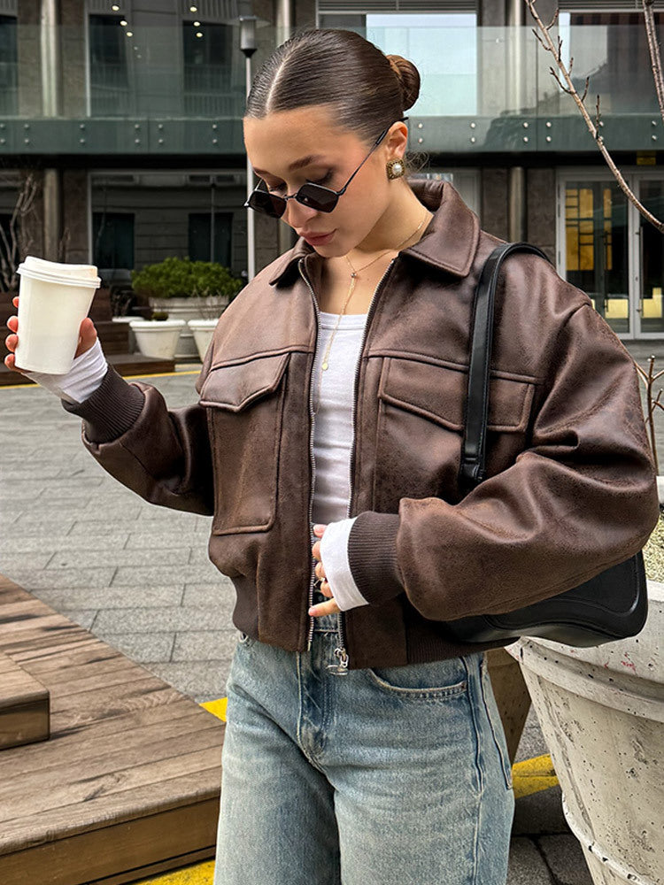 Damen cropped Kunstlederjacke mit Taschen Drune