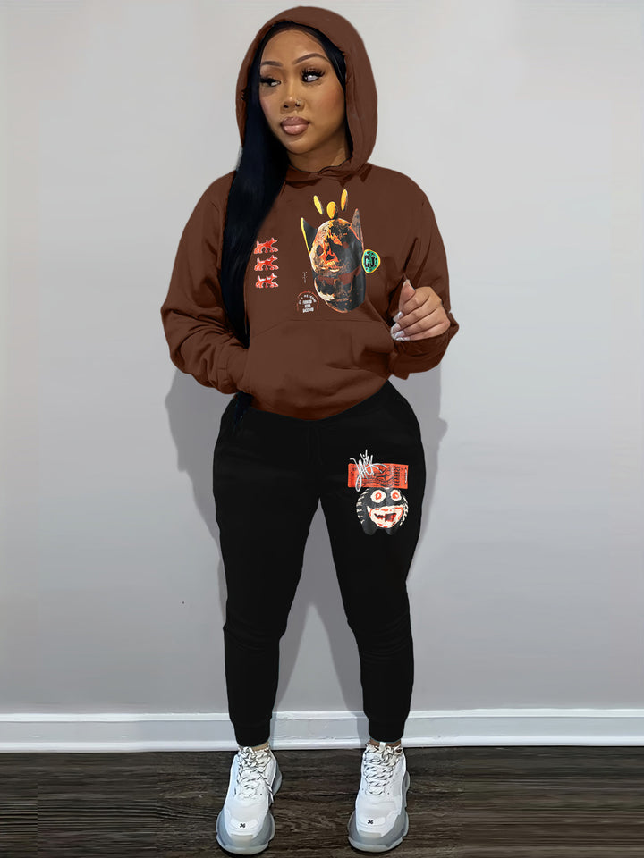 Damen Urbanes Hoodie und Jogginghose Set mit künstlerischem Druck Drune