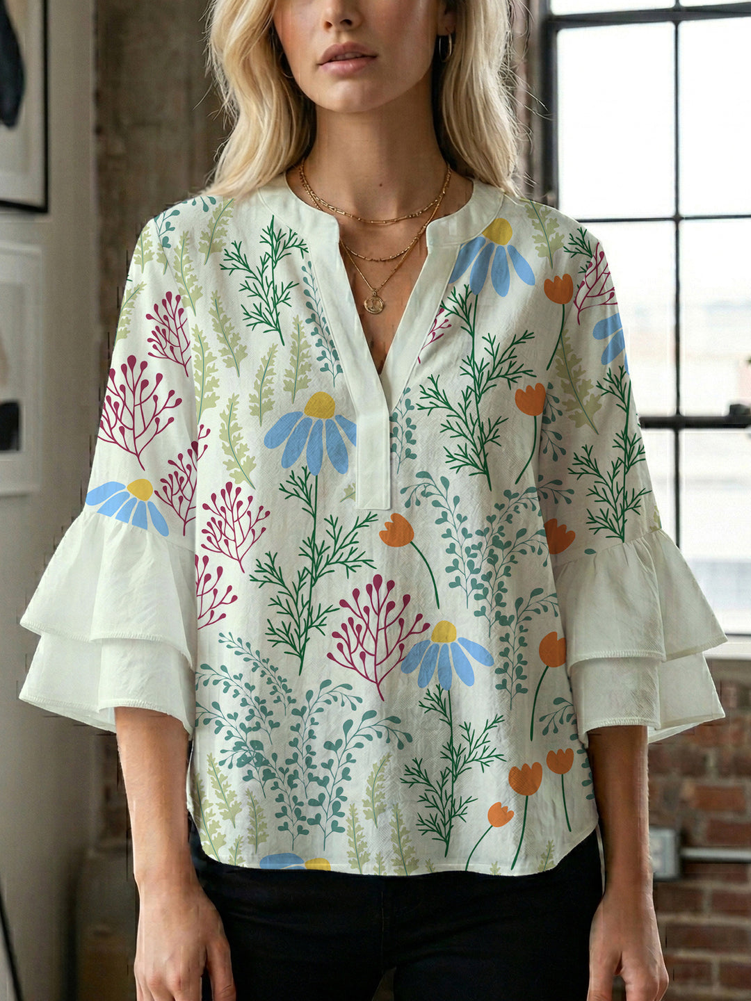 Damen Blusenshirt mit voluminösen Ärmeln und floralem Muster Drune