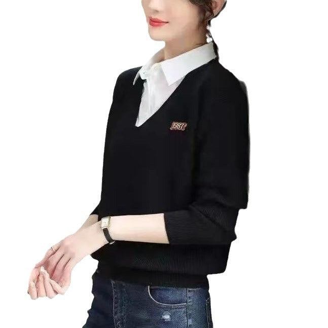 Damen eleganter V-Ausschnitt Pullover mit Hemdkragen Drune
