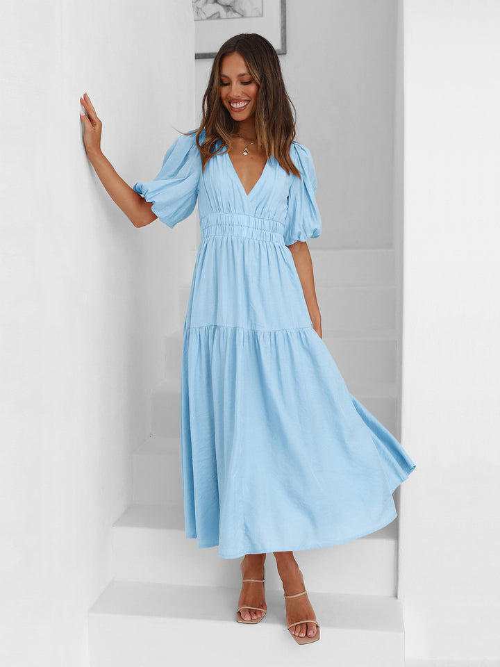 Damen Maxikleid mit Puffärmeln und elastischem Taillenbund Drune