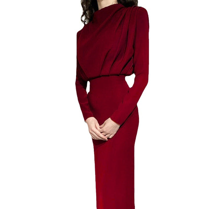 Damen Elegantes figurbetontes Kleid mit hochgeschlossenem Ausschnitt und Raffungen Drune