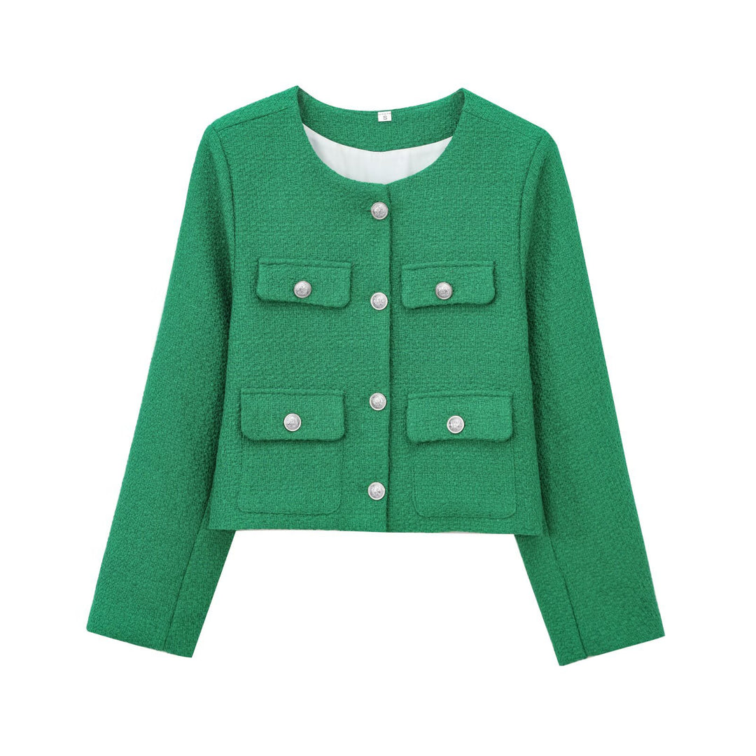Damen modische Kurzjacke mit dekorativen Taschen und eleganter Knopfdetail Drune