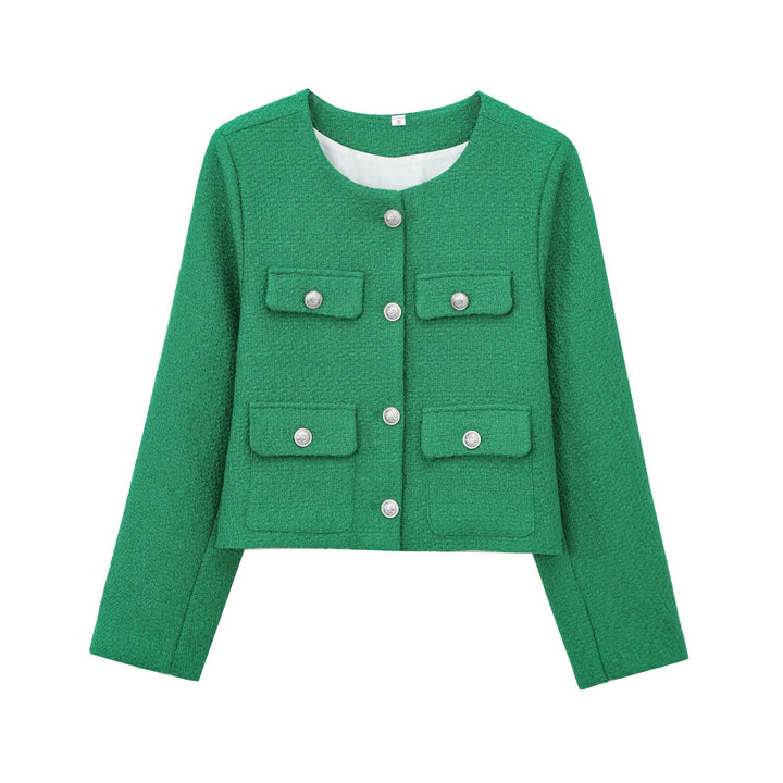 Damen modische Kurzjacke mit dekorativen Taschen und eleganter Knopfdetail Drune