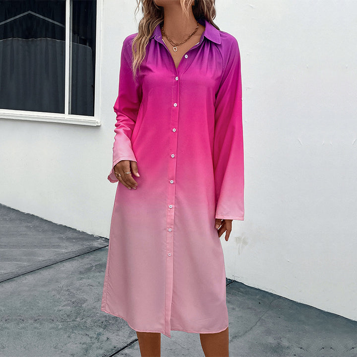 Damen Midi-Kleid mit modernem Farbverlauf und elegantem Hemdkragen Drune