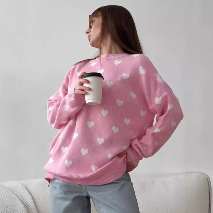 Damen Gemusterter Pullover mit Herzmotiven und weitem Schnitt Drune