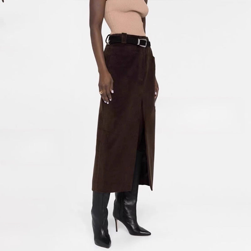 Damen Langer Cordrock mit Hohem Schlitz Drune