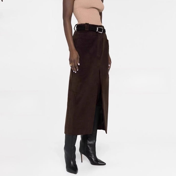 Damen Langer Cordrock mit Hohem Schlitz Drune
