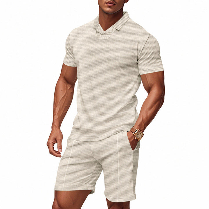 Herren nan lässiges Waffelstruktur-Freizeitset mit Reverskragen-Kurzarmshirt und elastischen Freizeitshorts Drune