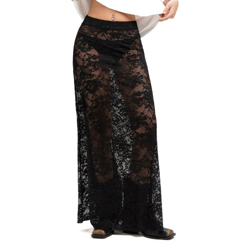 Damen Elegante Spitzenmaxi-Rock mit durchscheinendem Design und seitlichem Schlitz Drune