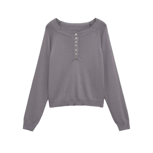 Damen lässiger Strickpullover mit Knopfdetails und breitem Rundhalsausschnitt Drune
