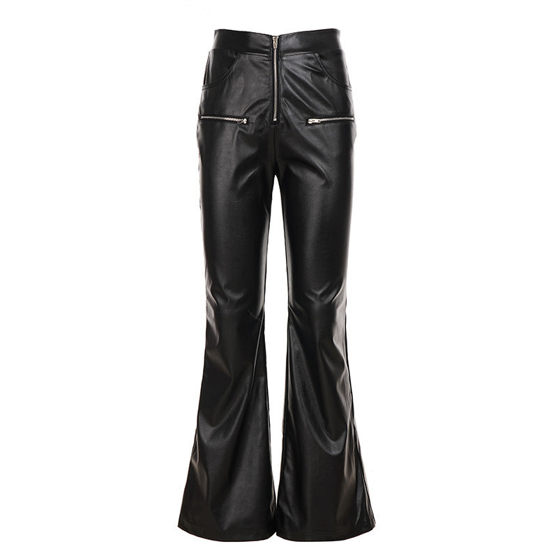Damen Kunstlederhose mit transparenten Spitzen-Einsätzen und ausgestelltem Bein Drune