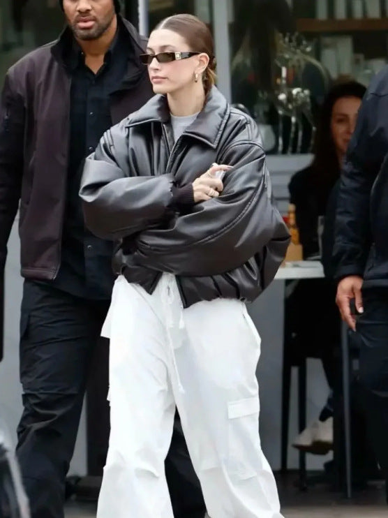 Damen Steppjacke aus Kunstleder mit hohem Kragen und elastischem Bündchen Drune