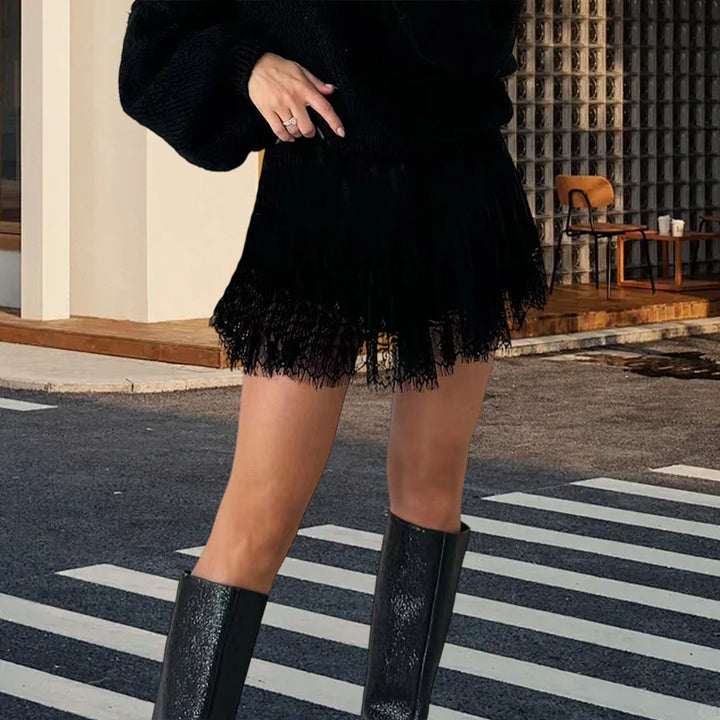 Damen Fransen-Minirock mit elegantem Spitzenabschluss und hohem Taillenbund Drune
