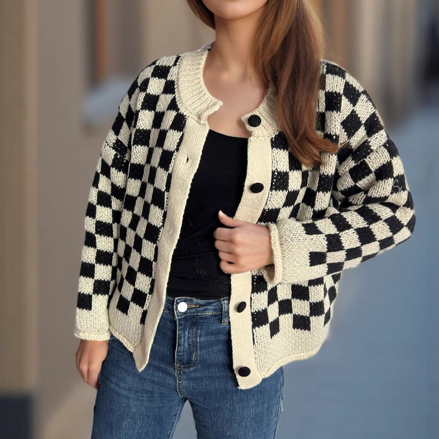 Damen gemusterte Strickjacke mit großen Knöpfen und lockerem Schnitt Drune