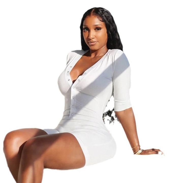 Damen Figurenbetonter Jumpsuit mit modischem V-Ausschnitt und praktischen Knopfdetails Drune