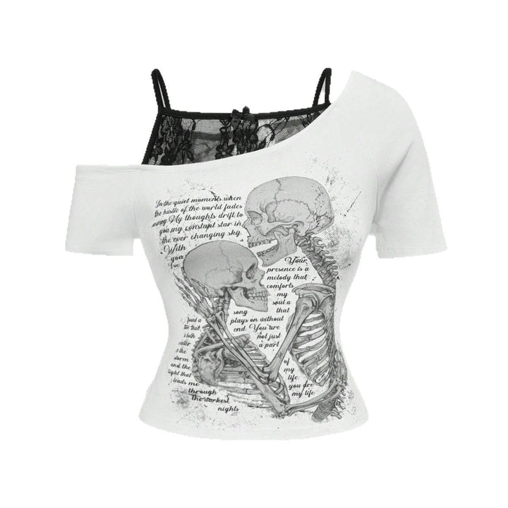 Damen Raffiniertes grafisches T-Shirt mit Spitzenunterlayer Drune