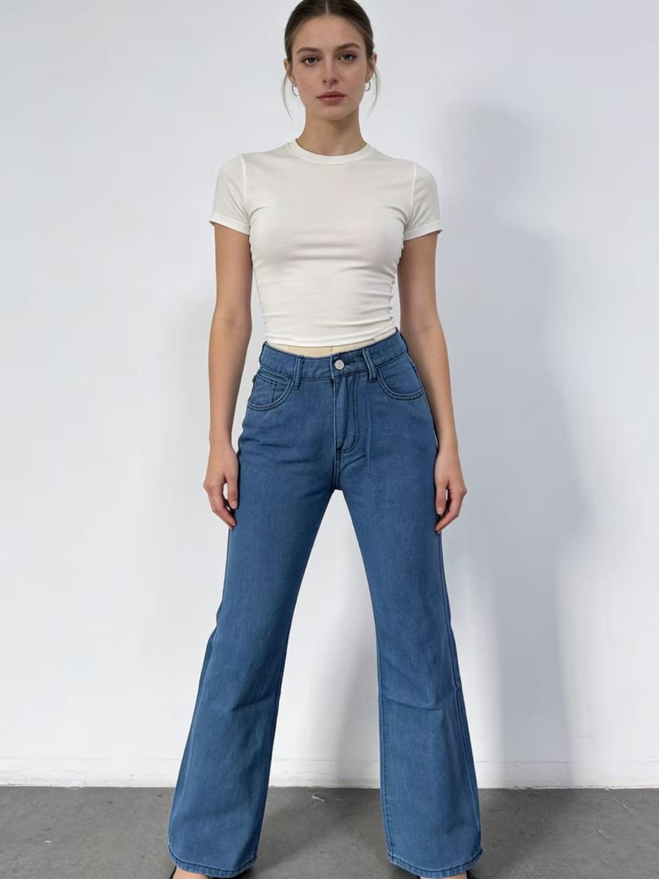 Damen nan hochgeschnittene weich fallende Schlagjeans aus Stretch-Denim mit figurformender Passform Drune