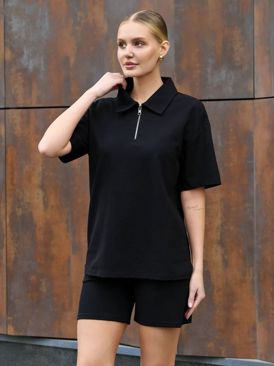 Damen Sportliches Kurzarm-Set mit hohem Kragen und Reißverschluss Drune