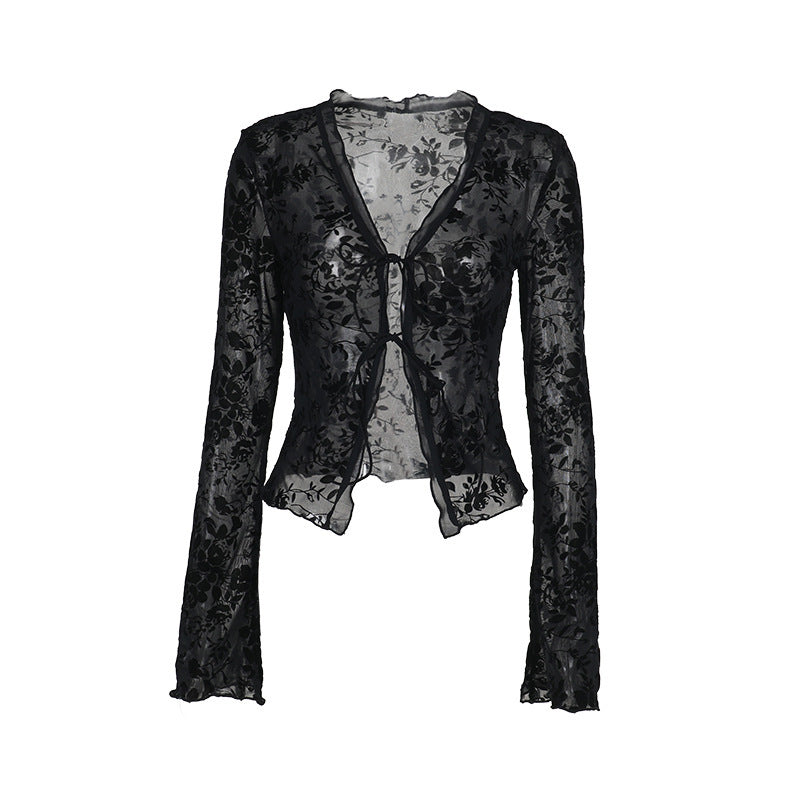 Damen Transparente Spitzenjacke mit floralen Mustern Drune