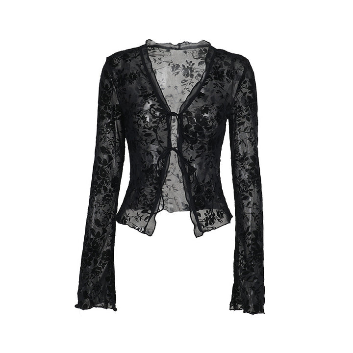 Damen Transparente Spitzenjacke mit floralen Mustern Drune