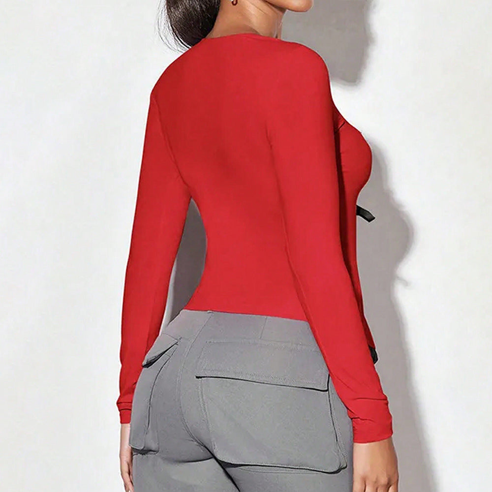 Damen Langarmshirt mit verführerischem Schlüssel-Ausschnitt und raffinierten Schleifen Drune