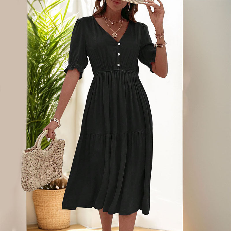 Damen Midi-Kleid mit knöpfbarem V-Ausschnitt und luftigen Puffärmeln Drune
