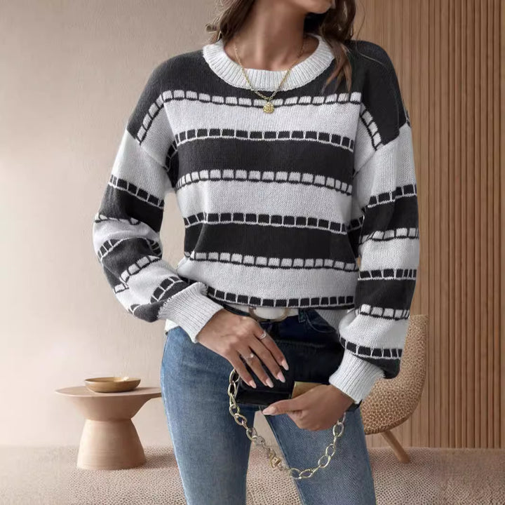 Damen lässiger, gestreifter Pullover mit einem komfortablen Schnitt und dekorativen Details Drune