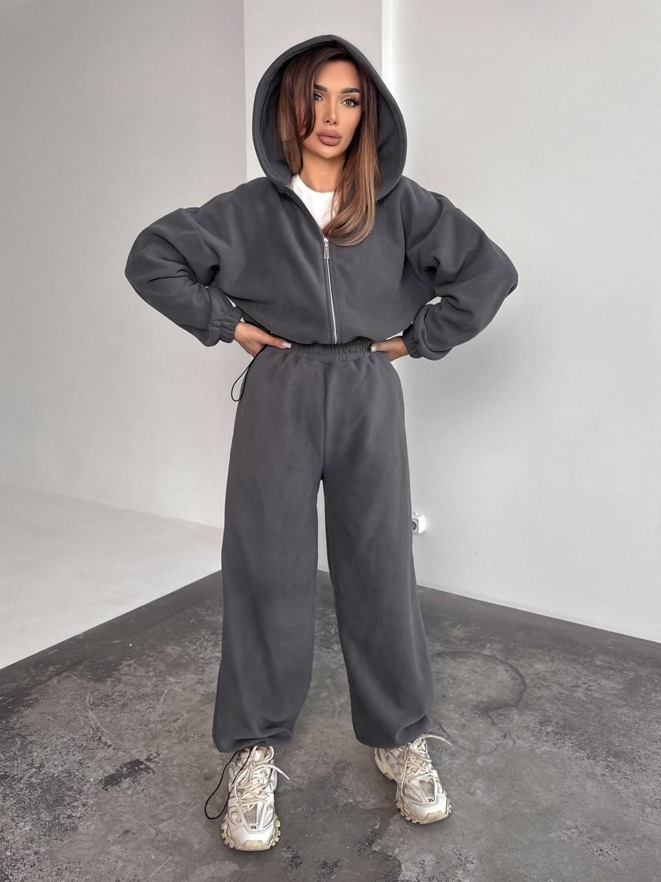 Damen Oversized Fleece-Jogginganzug mit Kapuze und weiten Beinen Drune