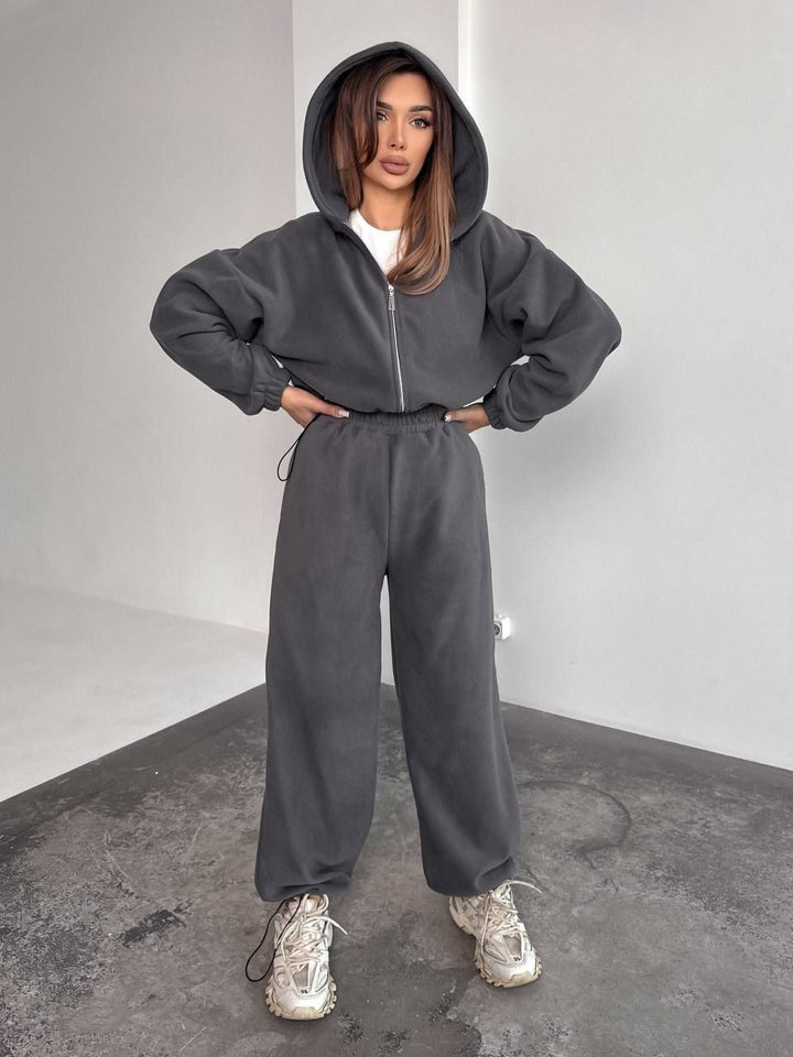 Damen Oversized Fleece-Jogginganzug mit Kapuze und weiten Beinen Drune