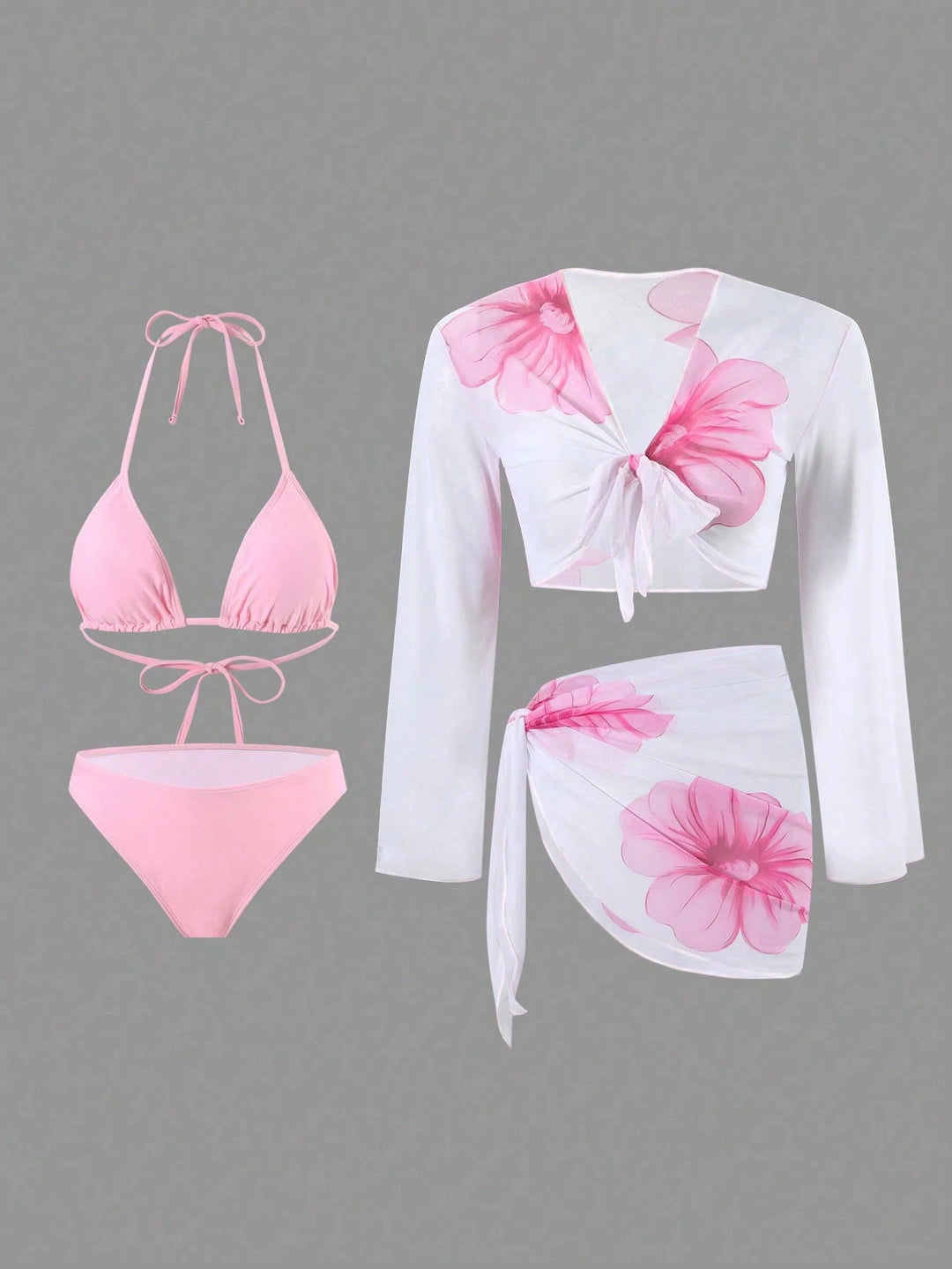 Damen Bikini-Set mit floralem Wickeltuch und langärmliger Oberteile Drune