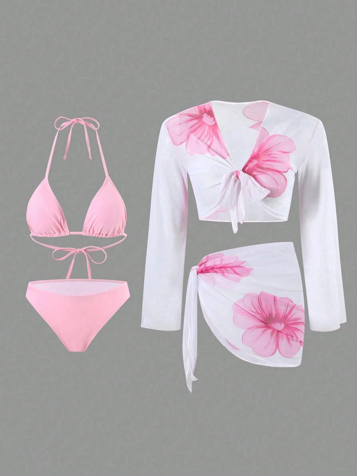 Damen Bikini-Set mit floralem Wickeltuch und langärmliger Oberteile Drune