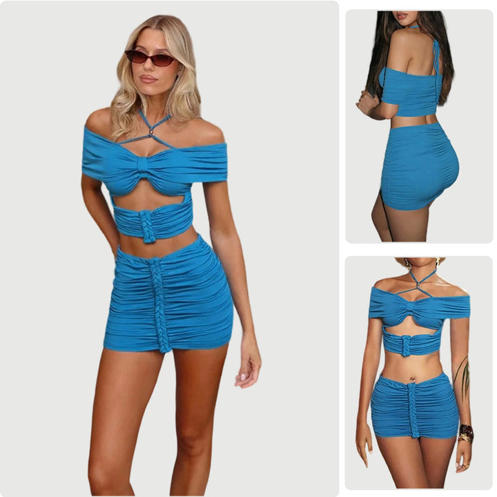 Damen Cropped Oberteil und Minirock Set mit Raffungen und schulterfreiem Design Drune