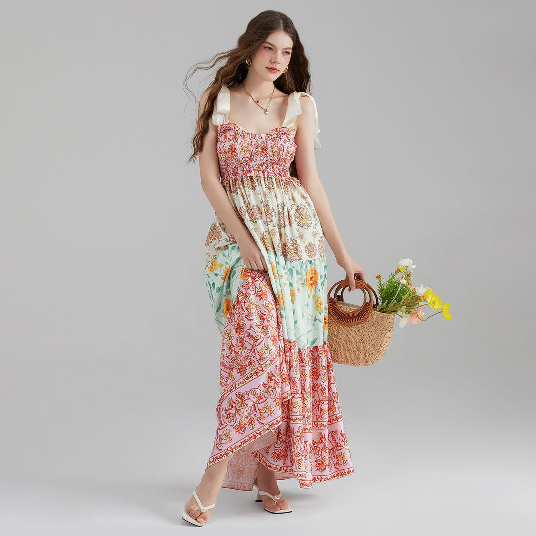 Damen Maxikleid mit floralen Falten und großzügigem A-Linien-Schnitt Drune