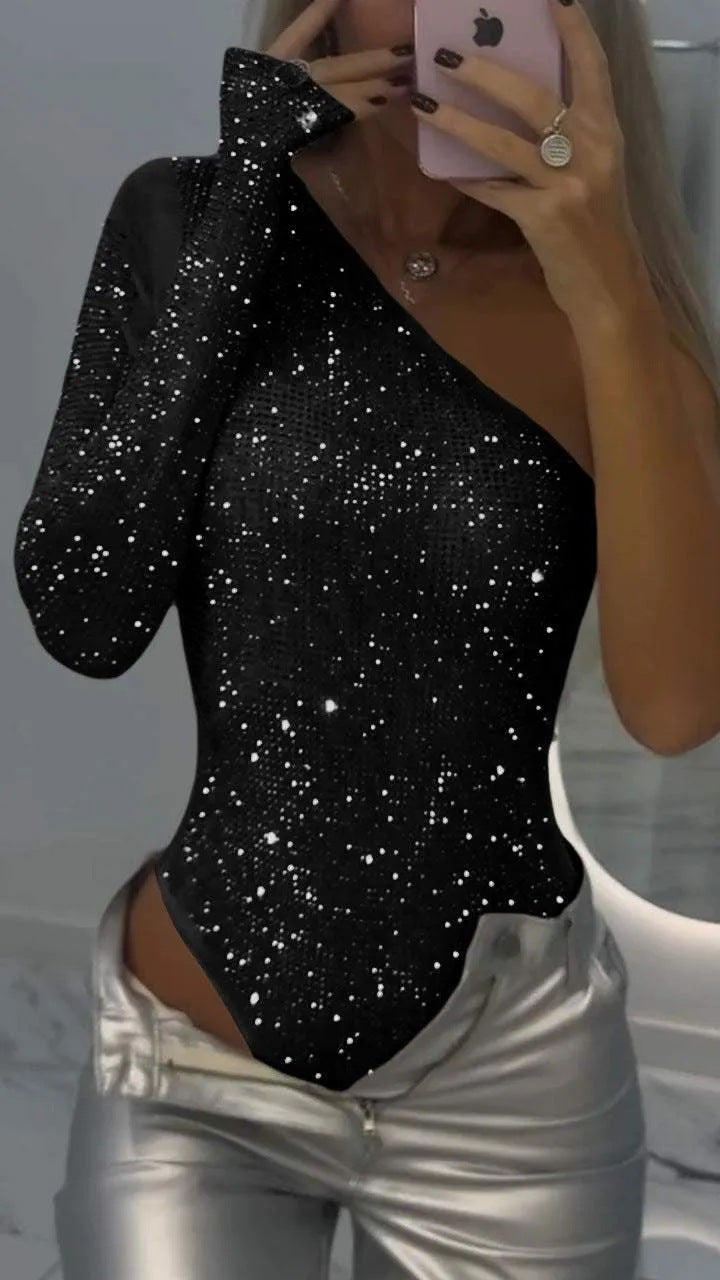 Damen Glitzerndes Langarm-Oberteil mit asymmetrischem Schnitt Drune