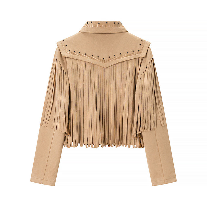 Damen Fransenjacke aus Wildlederimitat mit Zipper und stilvollen Applikationen Drune