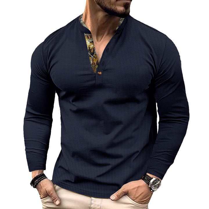 Herren nan langärmeliges Henley-Shirt mit Stehkragen und gemustertem Knopfleistenbesatz Drune