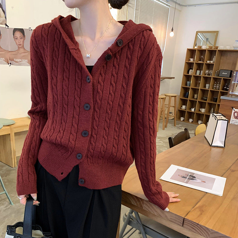 Damen gestrickte Cardiganjacke mit Kapuze und Zopfmuster Drune