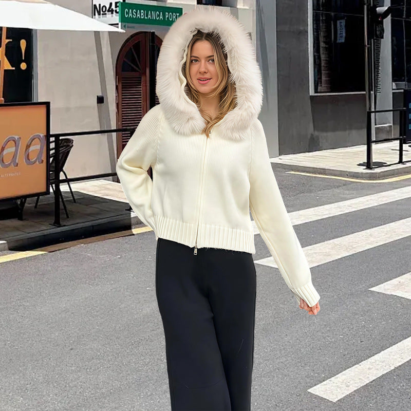 Damen Strickjacke mit Kunstfellkapuze Drune