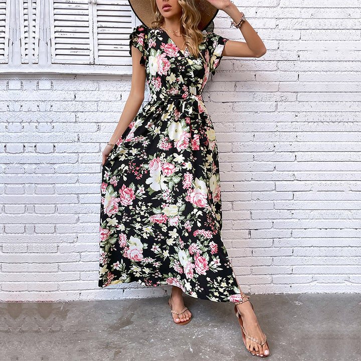 Damen Maxikleid mit floralen Mustern, Schlitz und taillierbarem Gürtel Drune