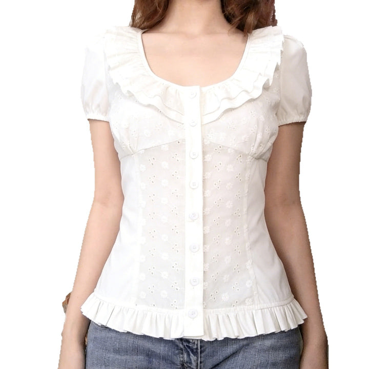 Damen Bluse mit verspieltem Rüschensaum und floralem Stickdesign Drune