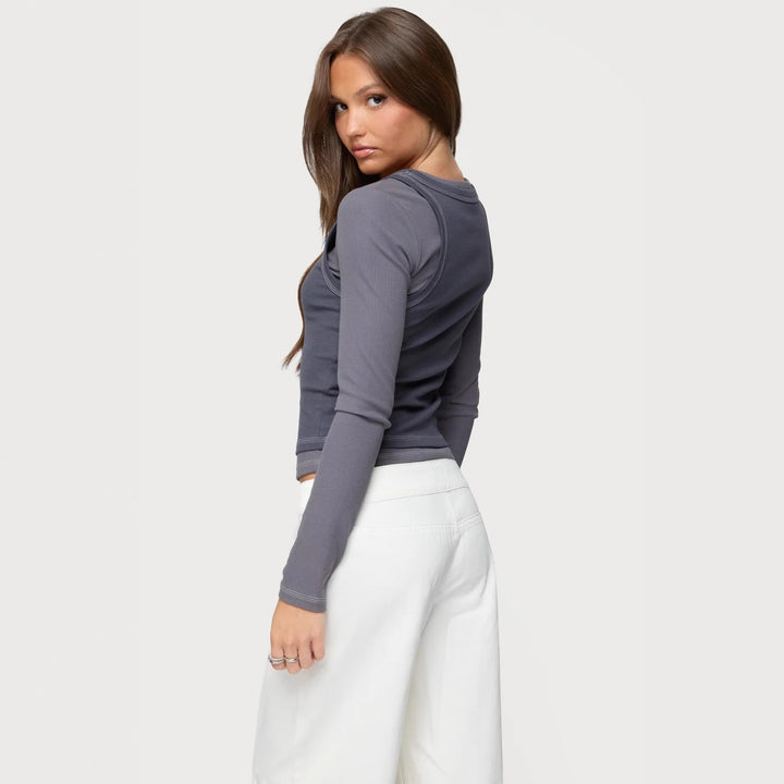 Damen Langarm-Crop-Top mit modischem Farbkontrast und nahtloser Verarbeitung Drune