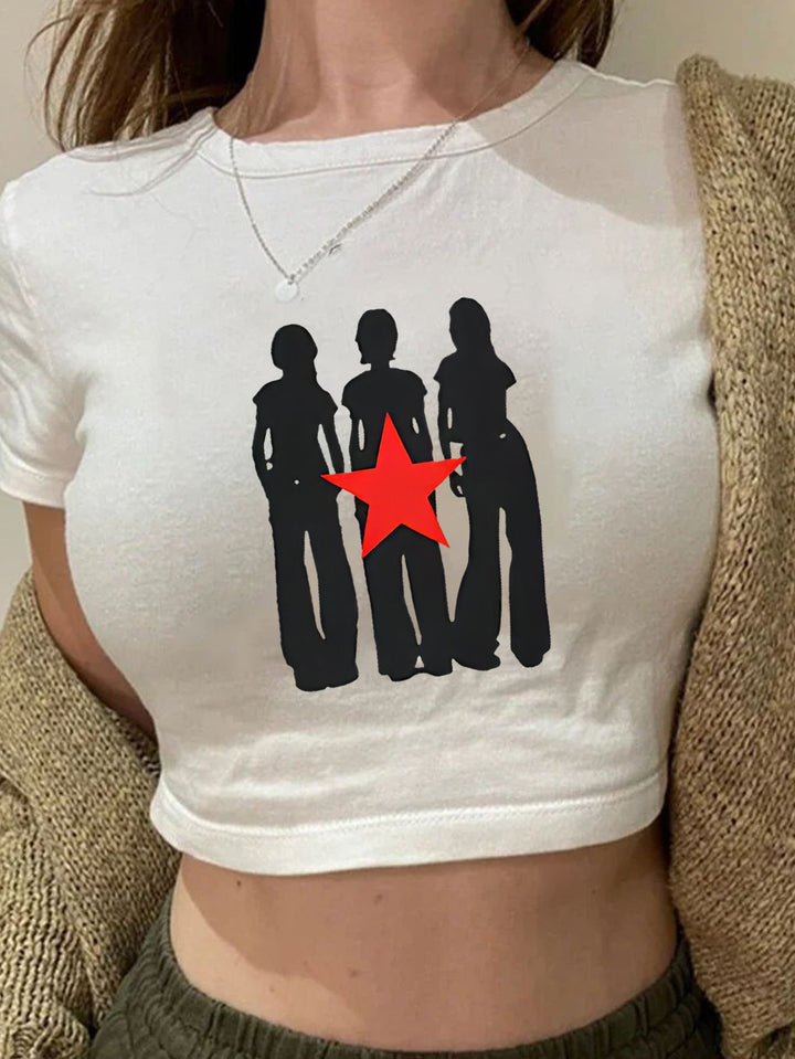 Damen Crop-Top mit kreativem Grafikdesign und modernem Schriftzug Drune