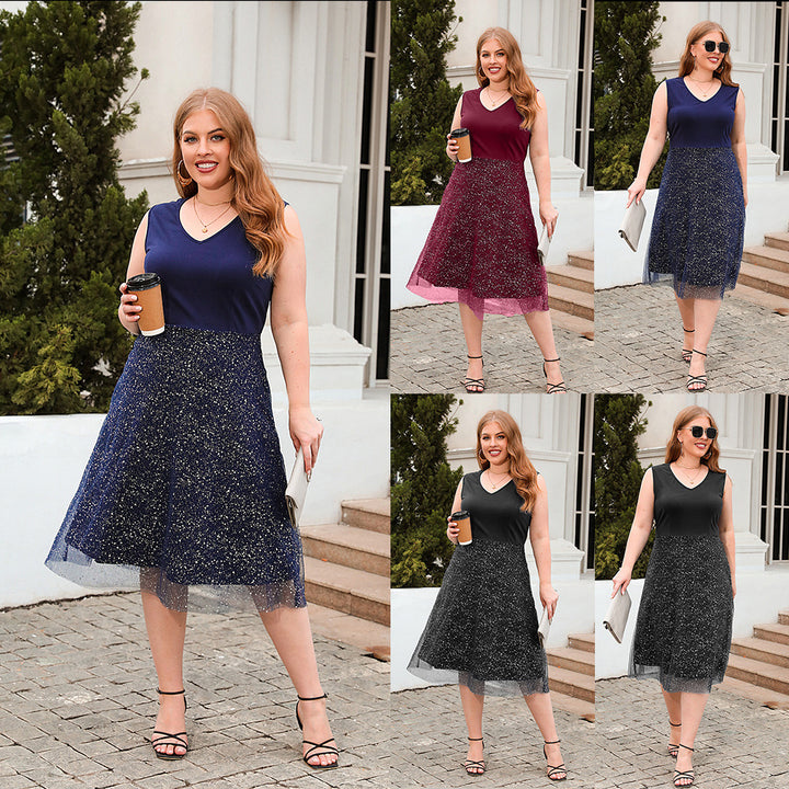 Damen Elegantes Skaterkleid mit modischem V-Ausschnitt und glitzerndem Tüll Drune
