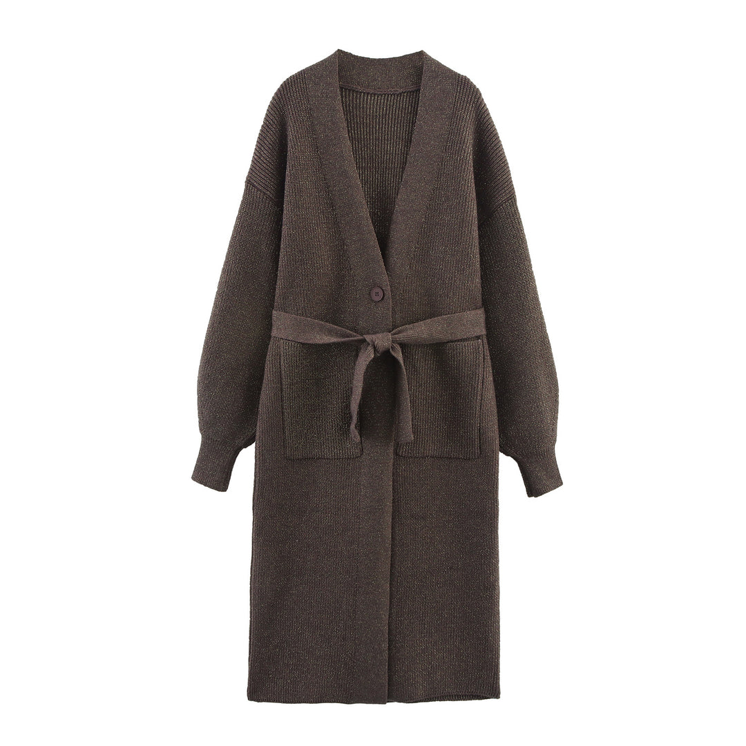 Damen Lange Strickjacke mit Gürtel und Taschen Drune