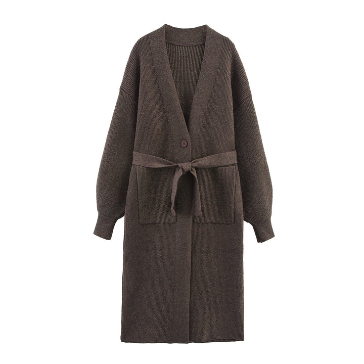 Damen Lange Strickjacke mit Gürtel und Taschen Drune