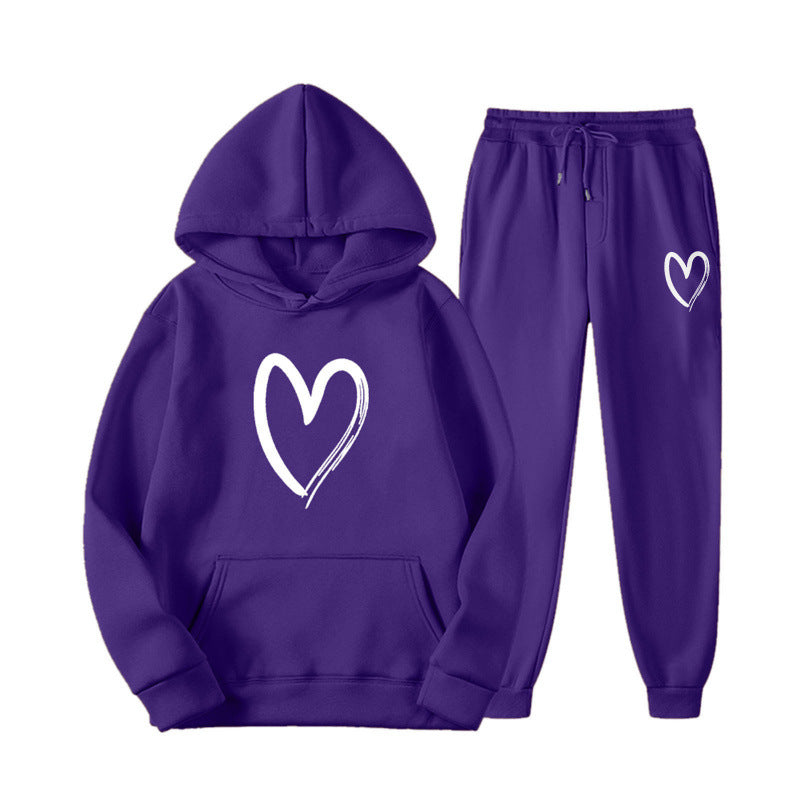 Damen Sweatsuit mit Kängurutasche und herzförmigem Print Drune