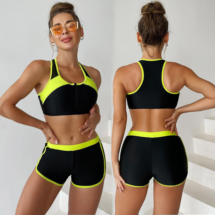 Damen Sport-Bikini-Set mit modischem Reißverschluss und kurzen Hosen Drune